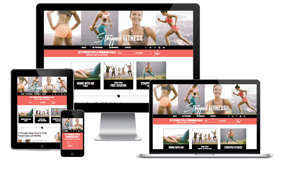 Image of computer monitor, laptop, tablet, and smartphone showing responsive Stripped Fitness website